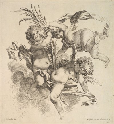 Tres niños entre nubes cerca de una hoja de palma, 1738-45 de Gabriel Huquier