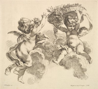 Dos niños, uno sosteniendo una canasta con flores, 1738-45 de Gabriel Huquier