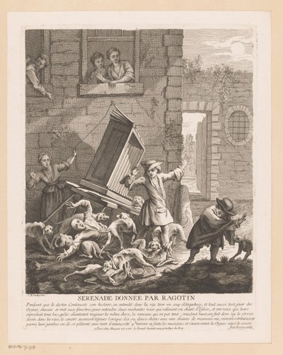 Interrupción de la interpretación del órgano por parte de perros callejeros Serenade donnée par Ragotin (título sobre objeto) Escenas de Roman Comique de Scarron (título de la serie) de Gabriel Huquier