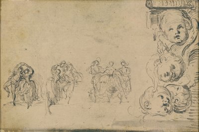 Bocetos de bailarines y cabezas de putti de Gabriel Jacques de Saint Aubin