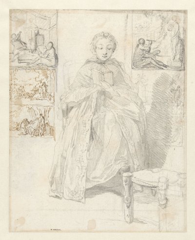 Hoja de estudio con una mujer leyendo y algunos bocetos de Gabriel Jacques de Saint Aubin