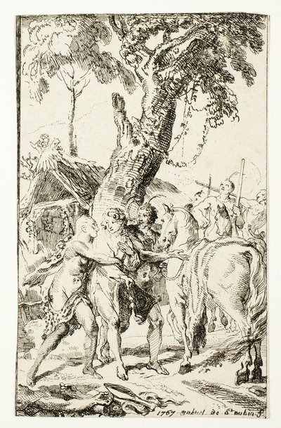 La fuga de M. de Belle-Isle, prisionero en Attakapas, lámina cuatro de Les Nouveaux Voyages aux Indes Occidentales de Gabriel Jacques de Saint Aubin