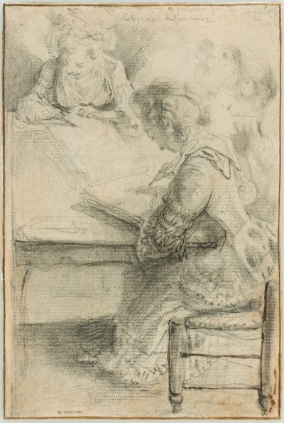 Tres jóvenes dibujando en una mesa de Gabriel Jacques de Saint Aubin