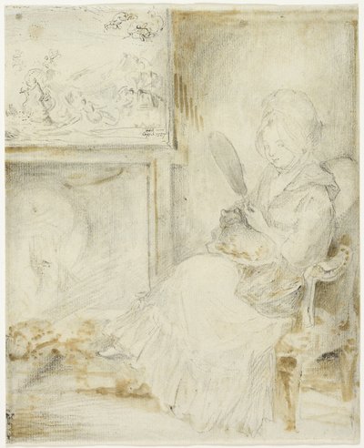 Mujer sentada sosteniendo un gato de rodillas de Gabriel Jacques de Saint Aubin
