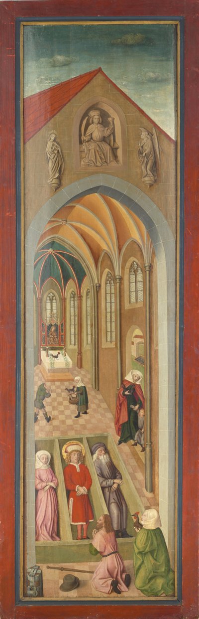 Panel del altar de San Vito de la iglesia del monasterio de Tegernsee, Santos Vito, Modesto y Kreszentia en sus ataúdes, adorados por una pareja de peregrinos de Gabriel Maeleßkircher