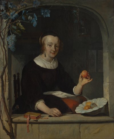 Una mujer sentada en una ventana de Gabriel Metsu