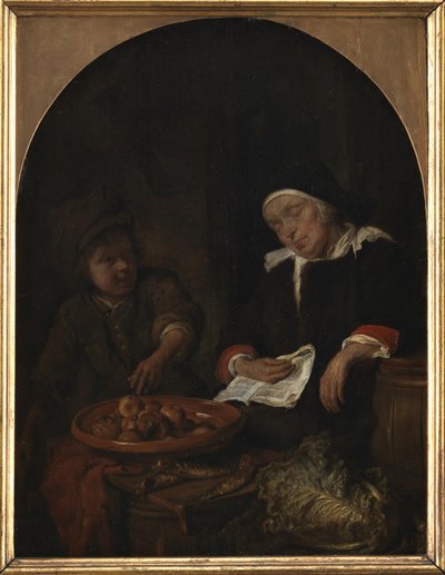 Una mujer vendiendo frutas y arenques de Gabriel Metsu