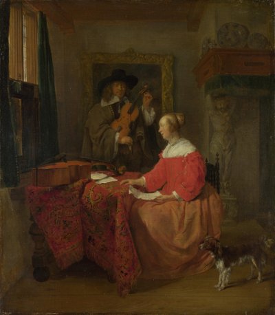 Una Mujer sentada en una Mesa y un Hombre afinando un Violín de Gabriel Metsu