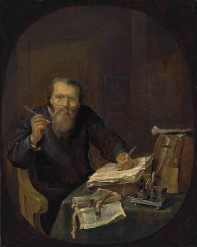 Un notario afilando su pluma, en un interior de Gabriel Metsu