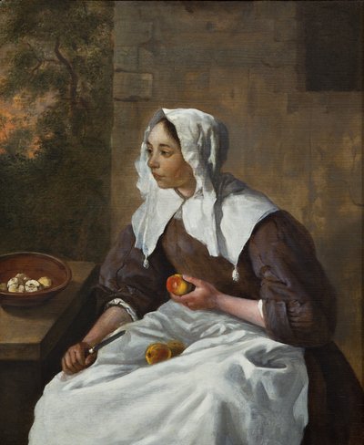 Niña pelando manzanas (óleo sobre tabla) de Gabriel Metsu