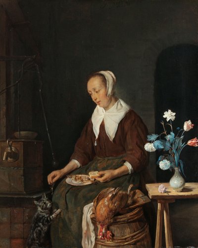 Mujer comiendo, conocido como "El desayuno del gato", c.1661-64 (óleo sobre tabla) de Gabriel Metsu