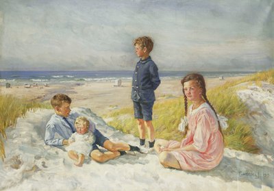 Erik, Else, Ove y Birthe Schultz en una playa de Gabriel Oluf Jensen