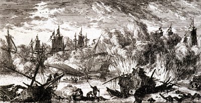 Batalla naval - grabado de Gabriel Perelle