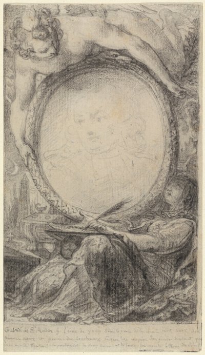 Marco alegórico con un genio y una mujer velada escribiendo, c.1769 (tiza negra sobre papel) de Gabriel de Saint-Aubin