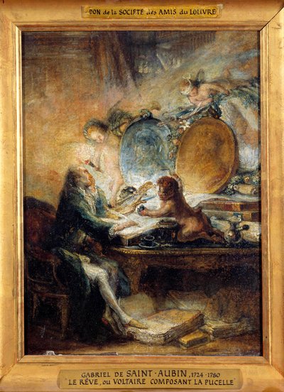 El sueño o Voltaire (1694-1778) componiendo la Doncella (detalle) de Gabriel de Saint Aubin
