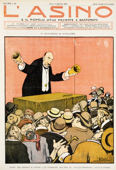 Jugador de juego de conchas, caricatura satírica dedicada a Giovanni Giolitti (1842-1928), de la revista L