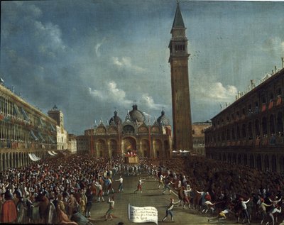 Procesión del dogo y distribución de dinero a los ciudadanos en la Plaza de San Marcos (Il doge portato in corteo in piazza San Marco a Venezia distribuisce denaro ai cittadini). Pintura de Gabriele Bella (ca. 1730-1799). Venecia, Fondazione Querini Stampa de Gabriele Bella