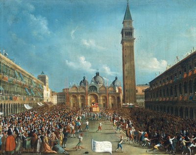 El Dogo siendo llevado triunfalmente y esparciendo dinero en la Piazza San Marco de Gabriele Bella