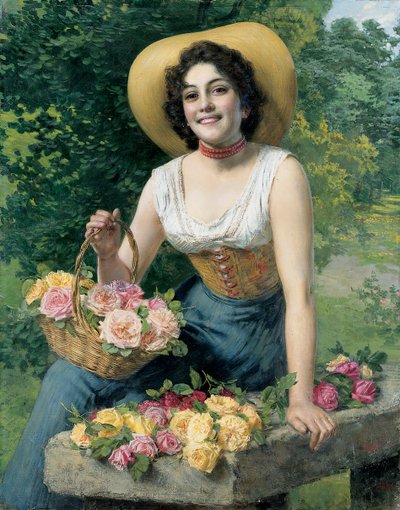 Una belleza sosteniendo una cesta de rosas de Gaetano Bellei