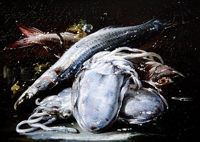 Calamares, salmonetes grises y salmonetes rojos descansando en un saliente de piedra de Gaetano Cusati