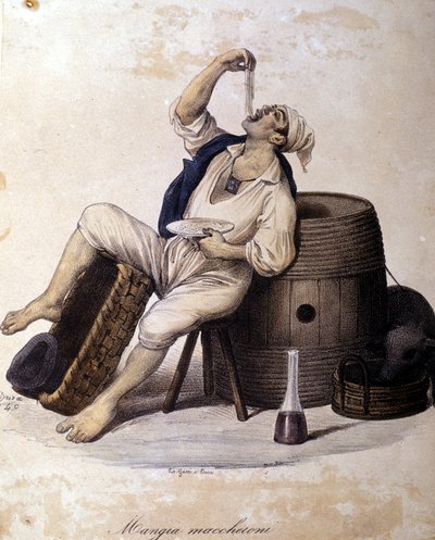 Napolitano comiendo macarrones. Litografía de Dura de Gaetano Dura