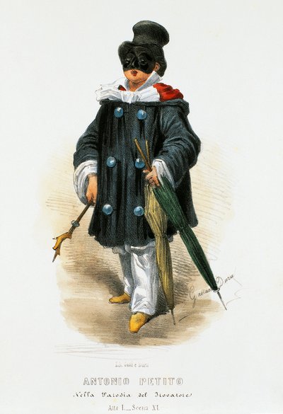 El actor Antonio Petito (1822-1876) en traje de escena en la parodia El Trovador, litografía de Gaetano Dura (1805-1874) de Gaetano Dura