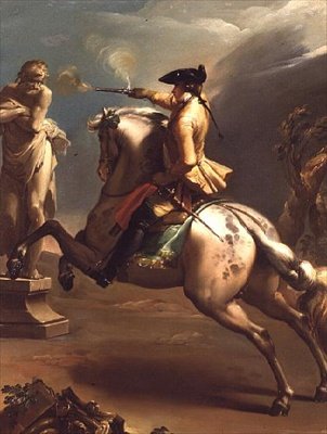 Una alegoría: un joven jinete disparando una pistola a una estatua de un anciano de Gaetano Gandolfi