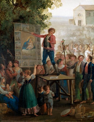 Un artista callejero cantando los milagros de la Virgen en la fiesta de la Madonna dell