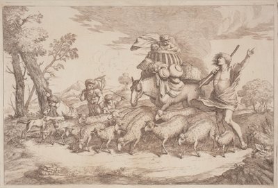Un viaje pastoral con un niño en una cesta a caballo de Gaetano Zompini, after Giovanni Benedetto Castiglione