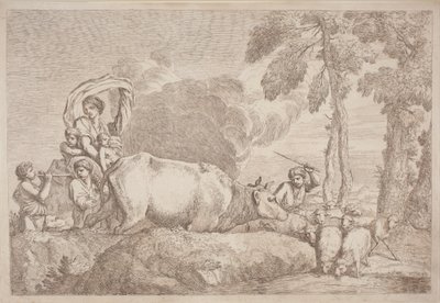 Una mujer con dos niños a caballo de Gaetano Zompini, after Giovanni Benedetto Castiglione