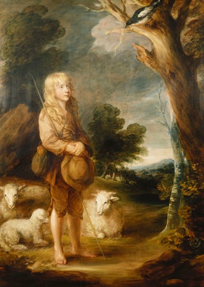 Un paisaje boscoso con un pastor escuchando a una urraca, y tres ovejas de Gainsborough Dupont