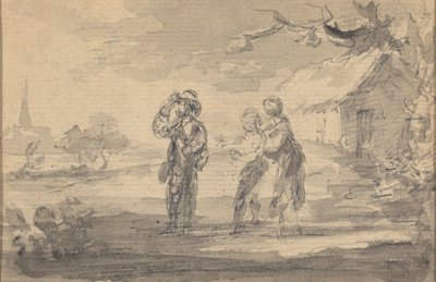 Paisaje con tres figuras, casa de campo y aguja de iglesia de Gainsborough Dupont