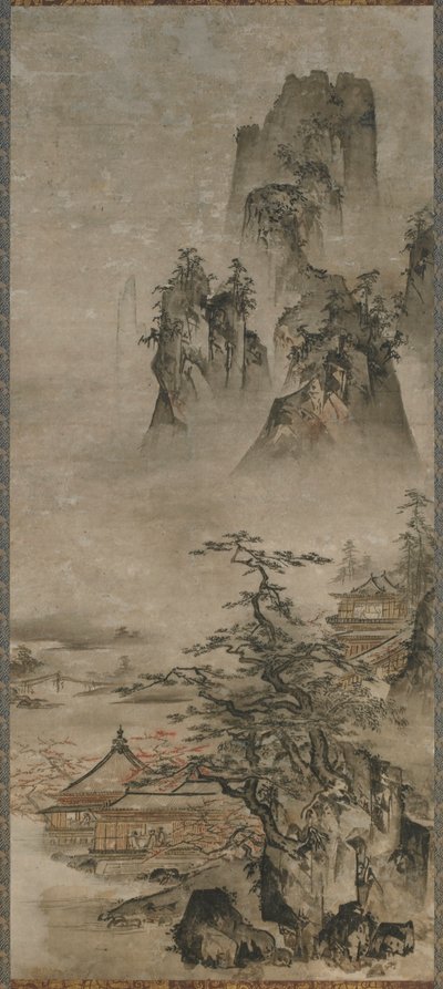 Paisaje: montañas, arroyo y casas de Gakuo Zokyu