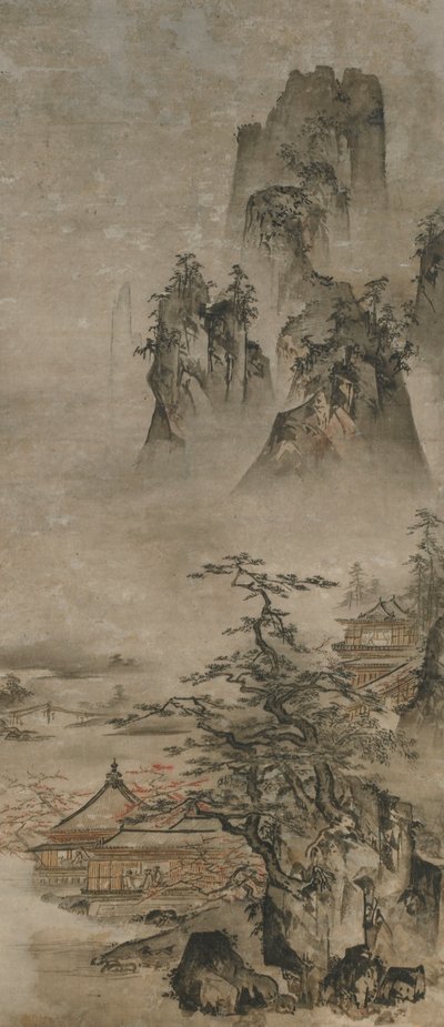 Paisaje: montañas, arroyo y casas, período Muromachi, principios del siglo XVI de Gakuo Zokyu