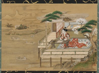 Murasaki Shikibu componiendo el Cuento de Genji en Ishiyamadera, período Edo, siglo XIX de Gakutei