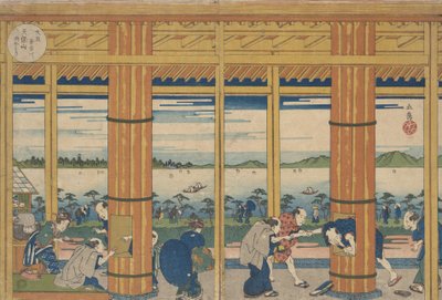 Refugio contra la lluvia en la orilla de la bahía de Tempozan, 1838 de Gakutei