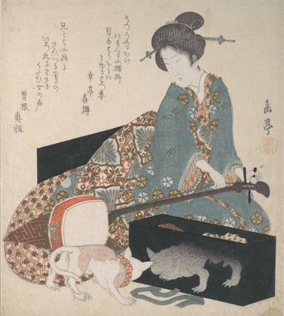 Mujer afinando un shamisen y un gato mirando su propio reflejo, mediados de la década de 1820 de Gakutei