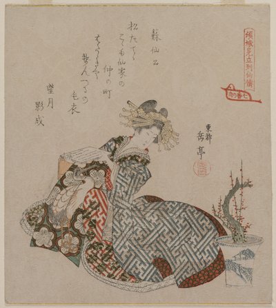 Cortesana leyendo junto a un ciruelo en maceta, de la serie Siete cortesanas comparadas con inmortales taoístas de Gakutei Harunobu
