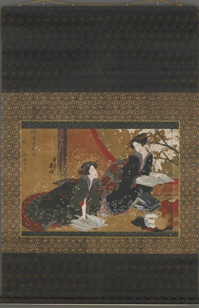Dos geishas leyendo un libro, período Edo de Gakutei Harunobu