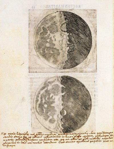 Sidereus Nuncius (Mensajero Estelar) con dibujos de las fases y la superficie de la Luna de Galileo Galilei