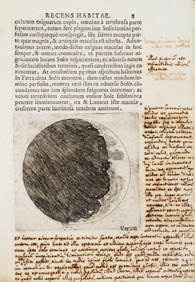 Sidereus Nuncius (Mensajero Estelar) con dibujos de las fases y la superficie de la Luna de Galileo Galilei