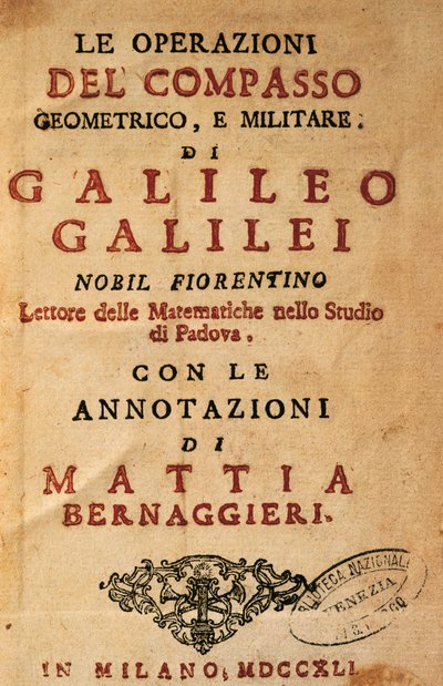 Página de título de Operaciones del compás geométrico y militar de Galileo Galilei