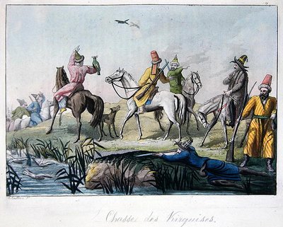 Cazadores kirguís disparando y cazando con halcones, ilustración de 