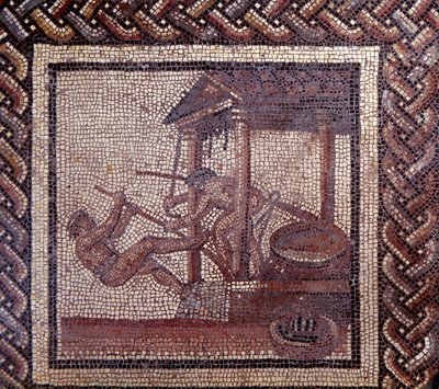 Arte Galo-Romano: pavimento de mosaico que representa un calendario rústico. Una prensa de aceite. Finales del siglo II, principios del siglo III d.C. De Saint-Romain-en-Gal (Ródano). Saint Germain en Laye, Museo Nacional de Arqueología de Gallo Roman