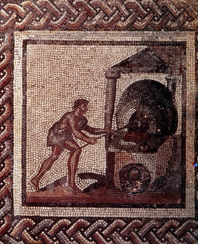 Arte Galo-Romano: pavimento de mosaico que representa un calendario rústico. Escena de elaboración de pan. Finales del siglo II, principios del siglo III d.C. De Saint-Romain-en-Gal (Rhone). Saint Germain en Laye, Museo Nacional de Arqueología de Gallo Roman