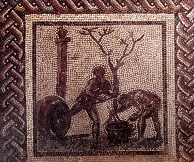 Arte Galo-Romano: pavimento de mosaico que representa un calendario rústico. Escena de jarra. Finales del siglo II, principios del siglo III d.C. De Saint-Romain-en-Gal (Rhone). Saint Germain en Laye, Museo Nacional de Arqueología de Gallo Roman