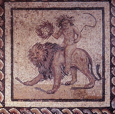 Arte Galo-Romano: pavimento de mosaico representando un calendario rústico. Alegoría del verano sobre un león de Gallo Roman
