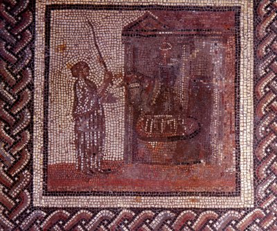 Arte Galo-Romano: pavimento de mosaico que representa un calendario rústico. La obra tiene la rueda de molienda. Finales del siglo II, principios del siglo III d.C. De Saint-Romain-en-Gal (Rhone). Saint Germain en Laye, Museo Nacional de Arqueología de Gallo Roman