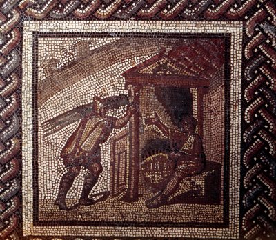 Arte Galo-Romano: pavimento de mosaico representando un calendario rústico. Trabajo de mimbre y trenzado de cestas de Gallo Roman