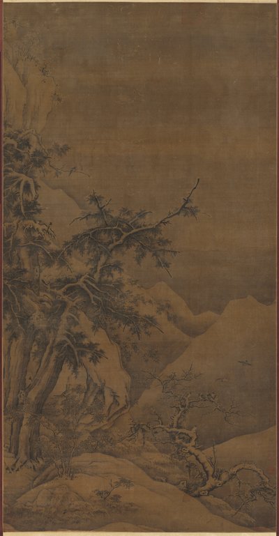 Aves en un bosque en un paisaje invernal montañoso, 1100s de Gao Tao